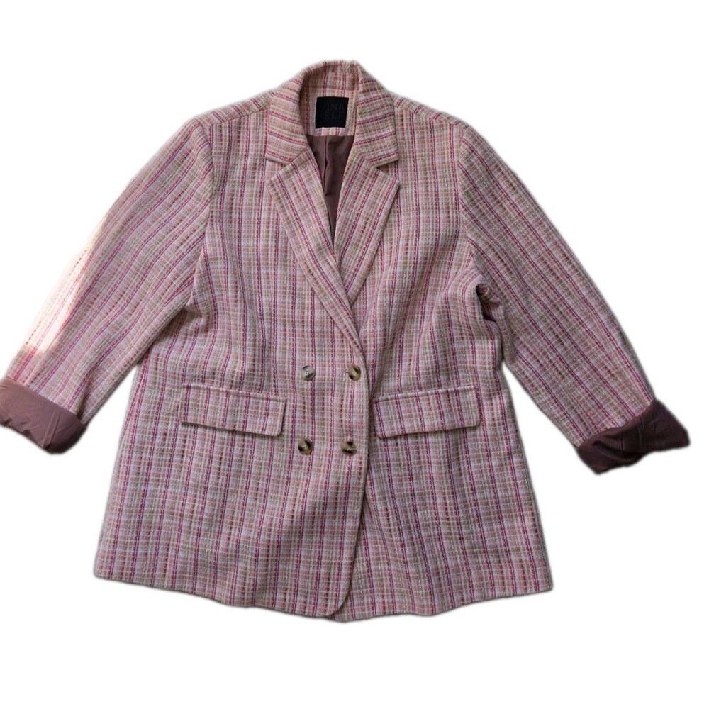 Mina Self Pink Tweed Blazer Jacket Double Breasted Career Office Chic Sz XL EUC